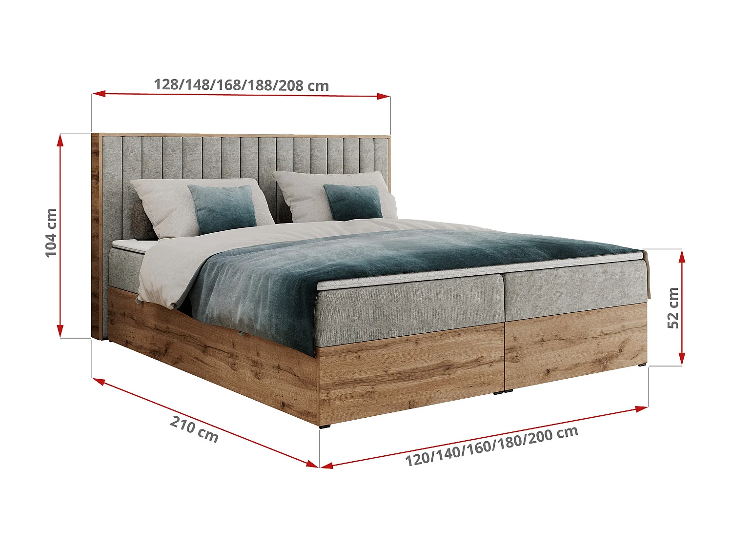 Boxspringbett ALBERO 4, Eiche Wotan Holzrahmen, mit Stauraum, genähtes Kopfteil - 160x200 cm - H4 - Hellgrau Strukture