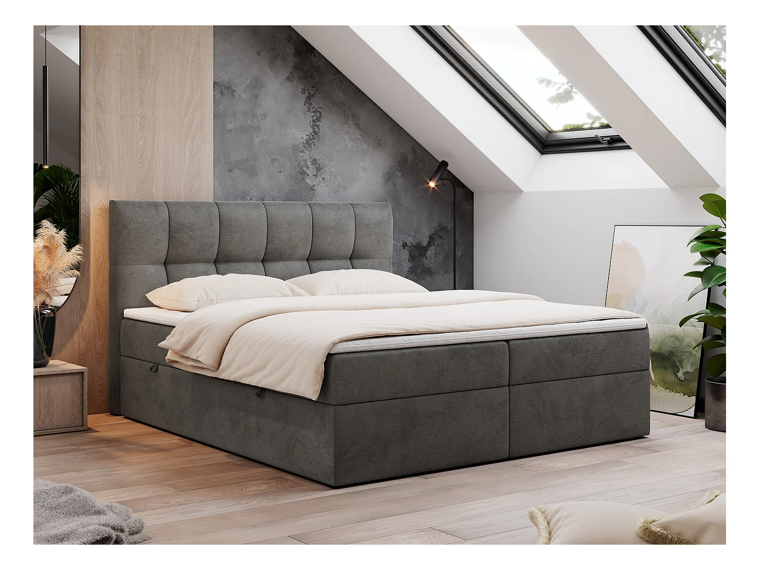 Boxspringbett RICO, Doppelbett mit Matratze, zwei Bettkästen, Bett mit Kopfteil - 120x200 cm - H4 - Dunkelgrau Velvet