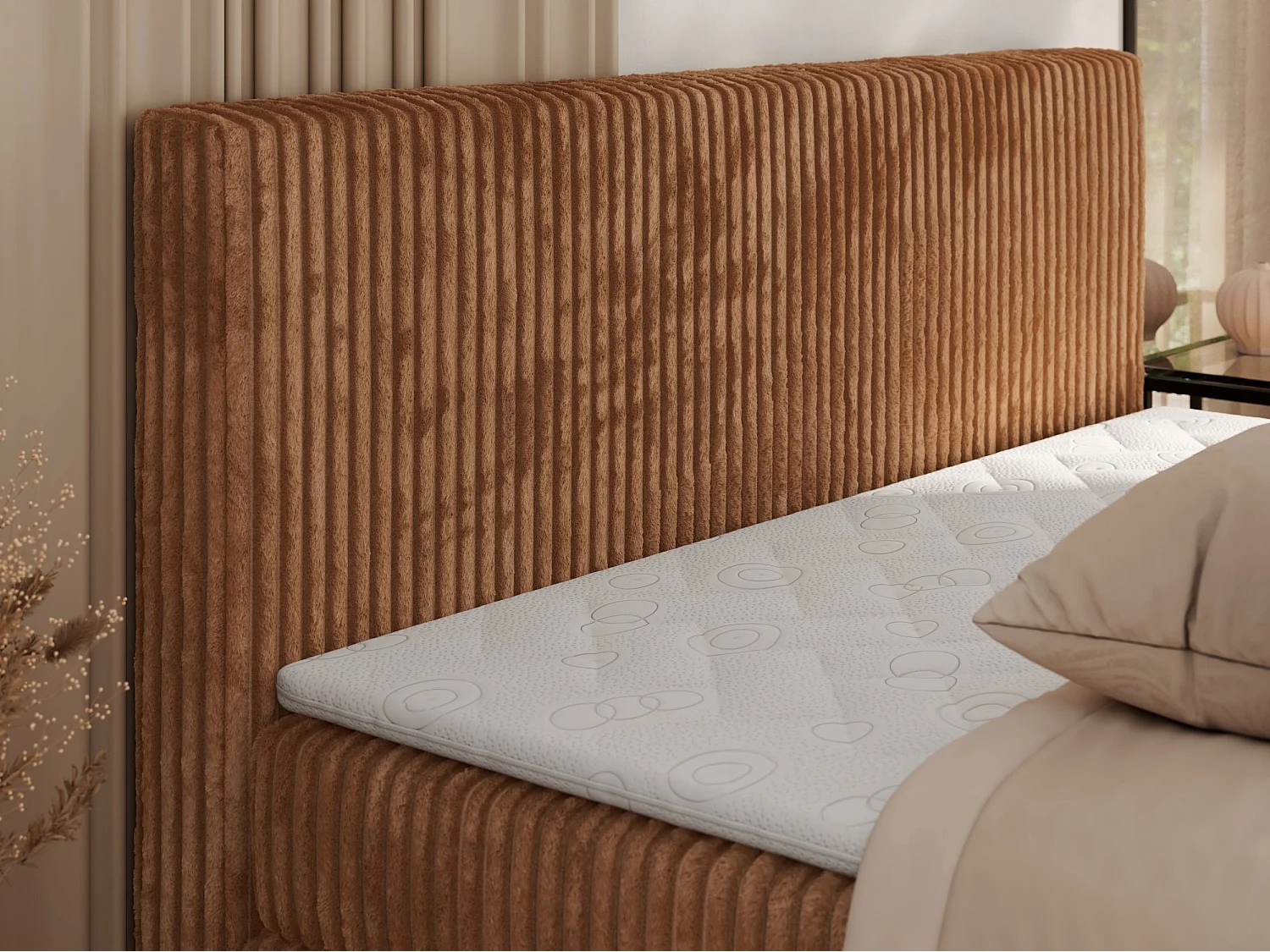 Boxspringbett TILIANO KING, Multipocket-Matratze, Cord Bett, Kopfteil und zwei Bettkästen - 160x200 cm - H4 - Orange Cord