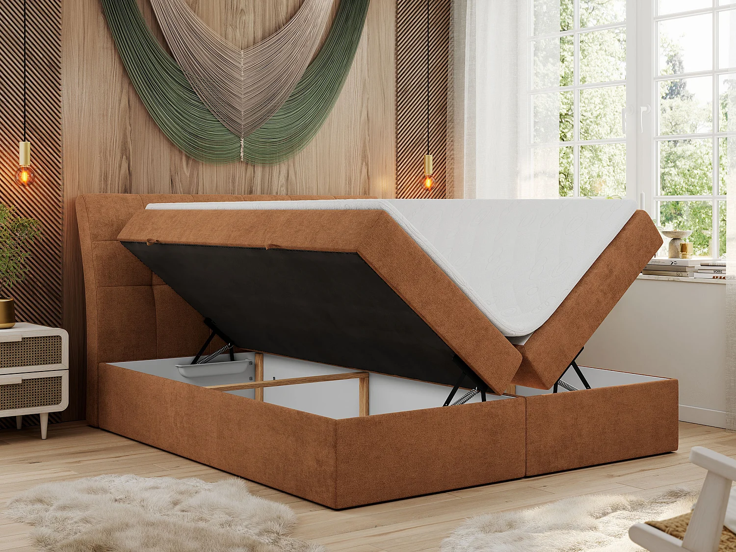 Boxspringbett DIEGOS mit Stauraum, gestepptem Kopfteil, Multipocket-Matratze - 140x200 cm - H4 - Orange Strukture