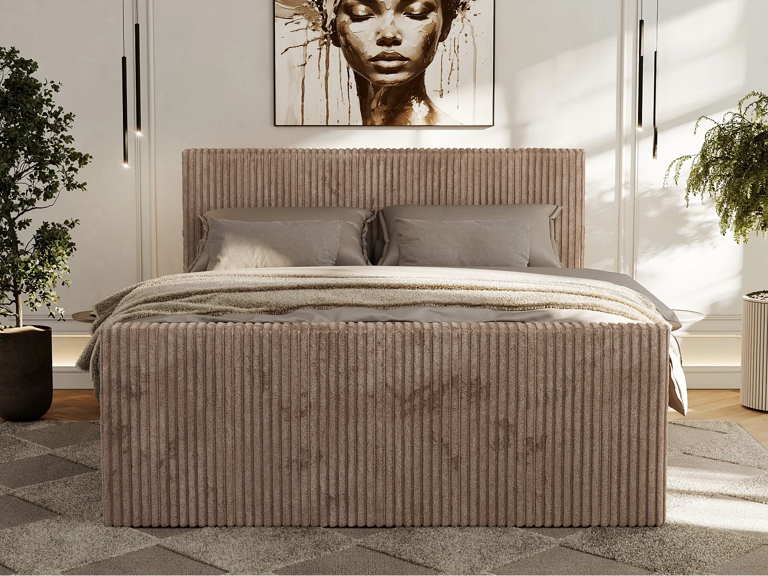 Boxspringbett TILIANO DUO mit gepolstertem Fußteil, Cord Bett, Multipocket-Matratze - 160x200 cm - H4 - Braun Cord