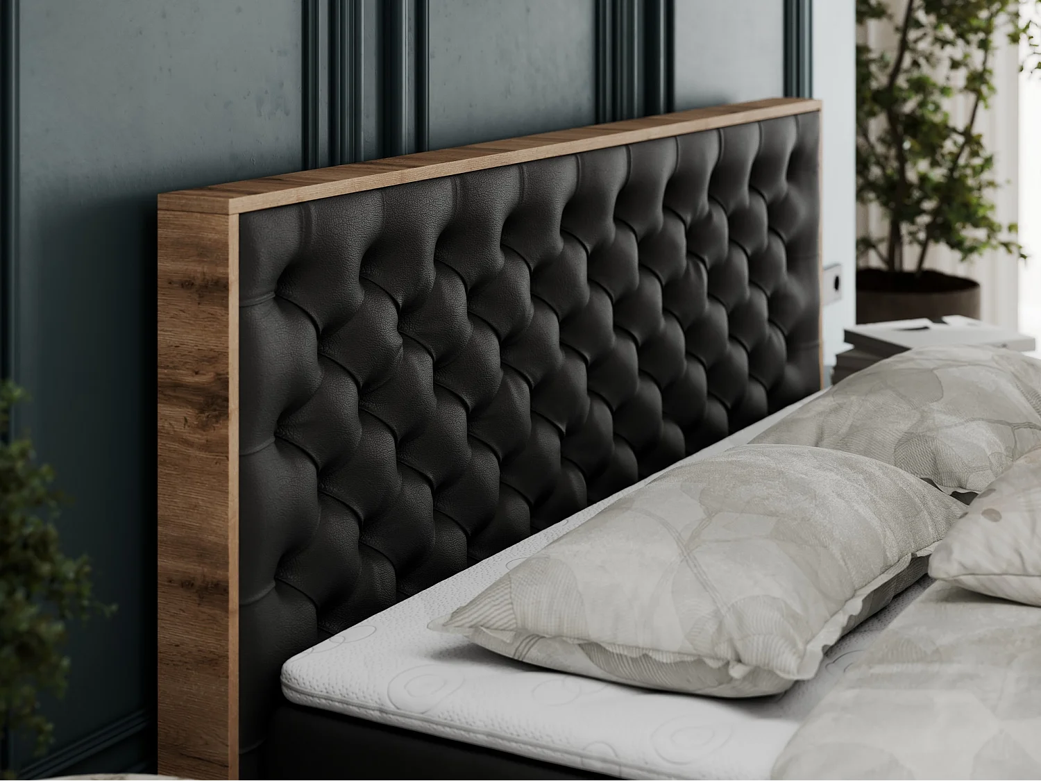 Boxspringbett ALBERO 3 - gesteppte Kopfstütze, Eiche Wotan Holzrahmen, Stauraum - 120x200 cm - H4 - Schwarz Kunstleder