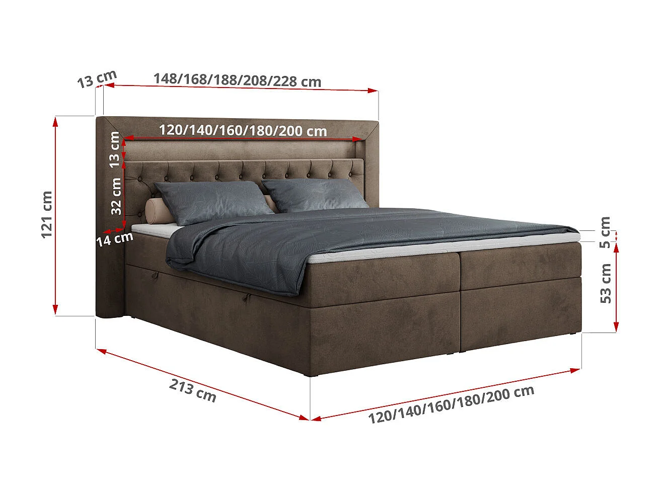 Boxspringbett GOLD 6, Doppelbett mit Stauraum, LED-Beleuchtung, gesteppte Kopfstütze - 160x200 cm - H4 - Braun Velvet