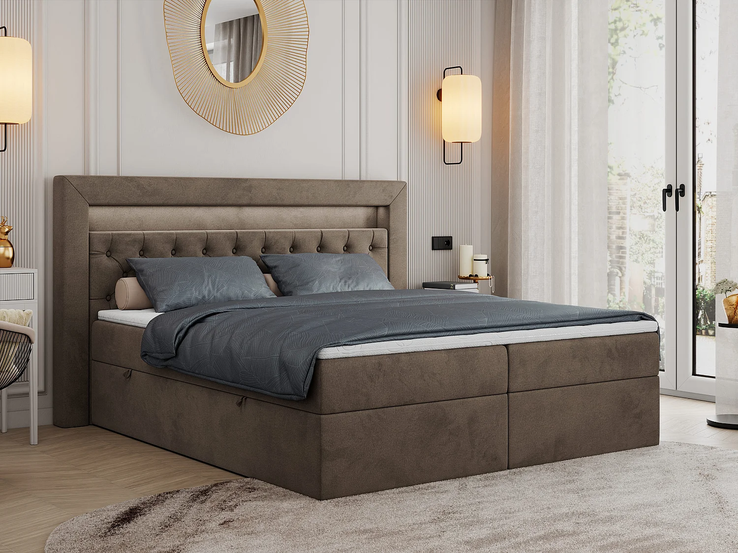 Boxspringbett GOLD 6, Doppelbett mit Stauraum, LED-Beleuchtung, gesteppte Kopfstütze - 160x200 cm - H4 - Braun Velvet