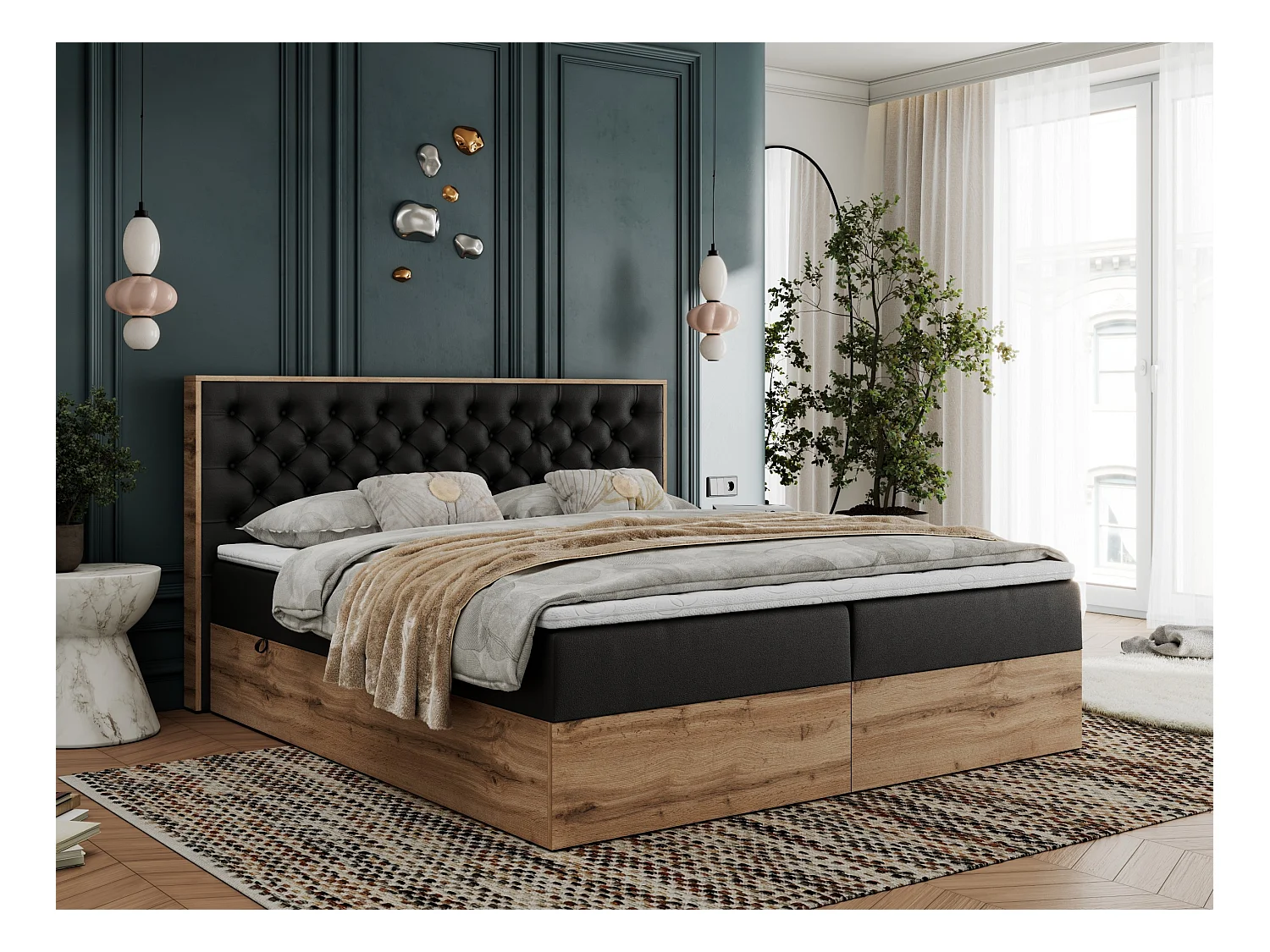 Boxspringbett ALBERO 3 - gesteppte Kopfstütze, Eiche Wotan Holzrahmen, Stauraum - 200x200 cm - H4 - Schwarz Kunstleder
