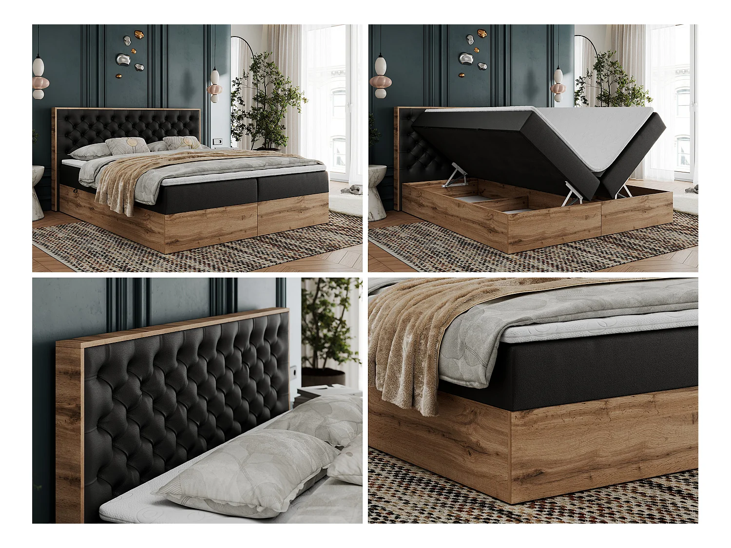Boxspringbett ALBERO 3 - gesteppte Kopfstütze, Eiche Wotan Holzrahmen, Stauraum - 200x200 cm - H4 - Schwarz Kunstleder