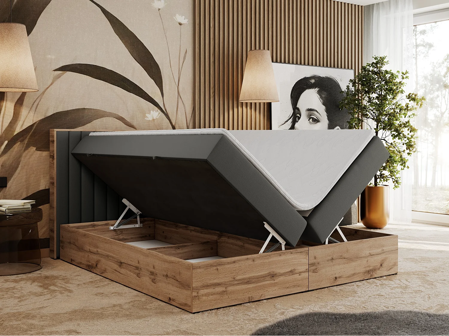 Boxspringbett ALBERO 4, Eiche Wotan Holzrahmen, mit Stauraum, genähtes Kopfteil - 140x200 cm - H4 - Dunkelgrau Kunstleder