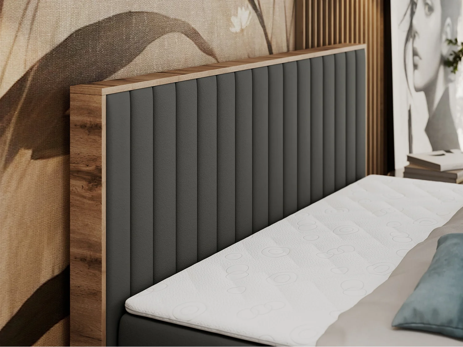 Boxspringbett ALBERO 4, Eiche Wotan Holzrahmen, mit Stauraum, genähtes Kopfteil - 140x200 cm - H4 - Dunkelgrau Kunstleder