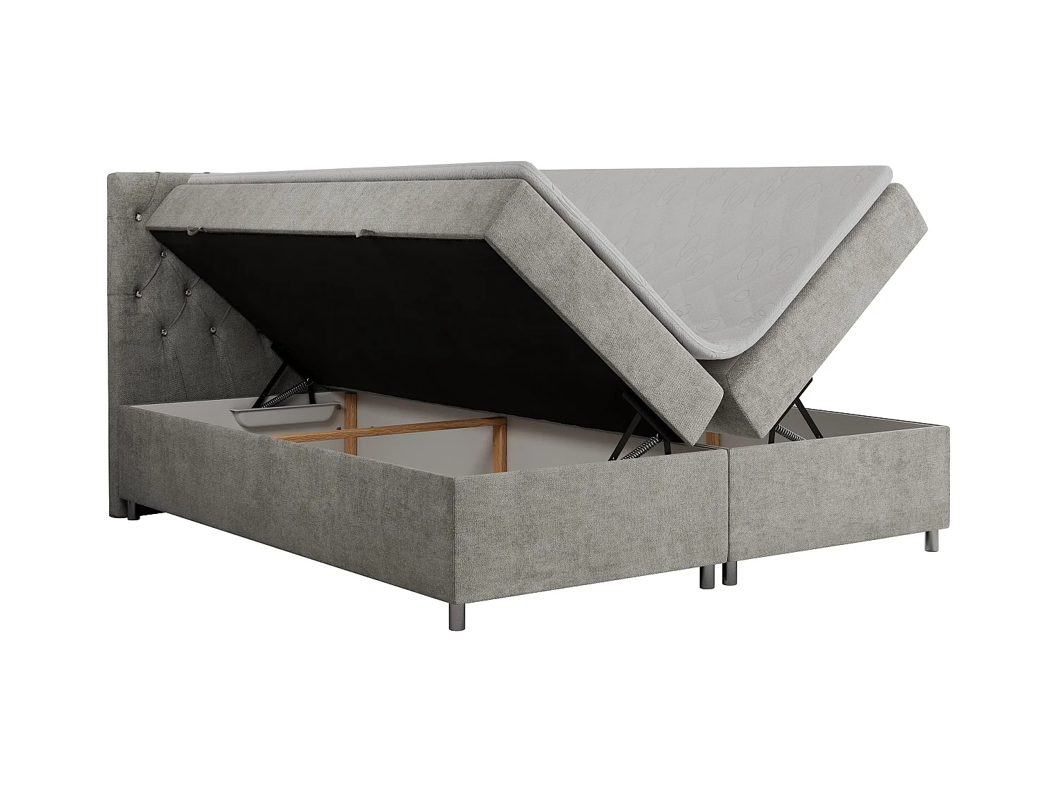 Boxspringbett ROMA mit gestepptem Kopfteil, Multipocket-Matratze, dekorative Füße - 160x200 cm - H3 - Hellgrau Strukture