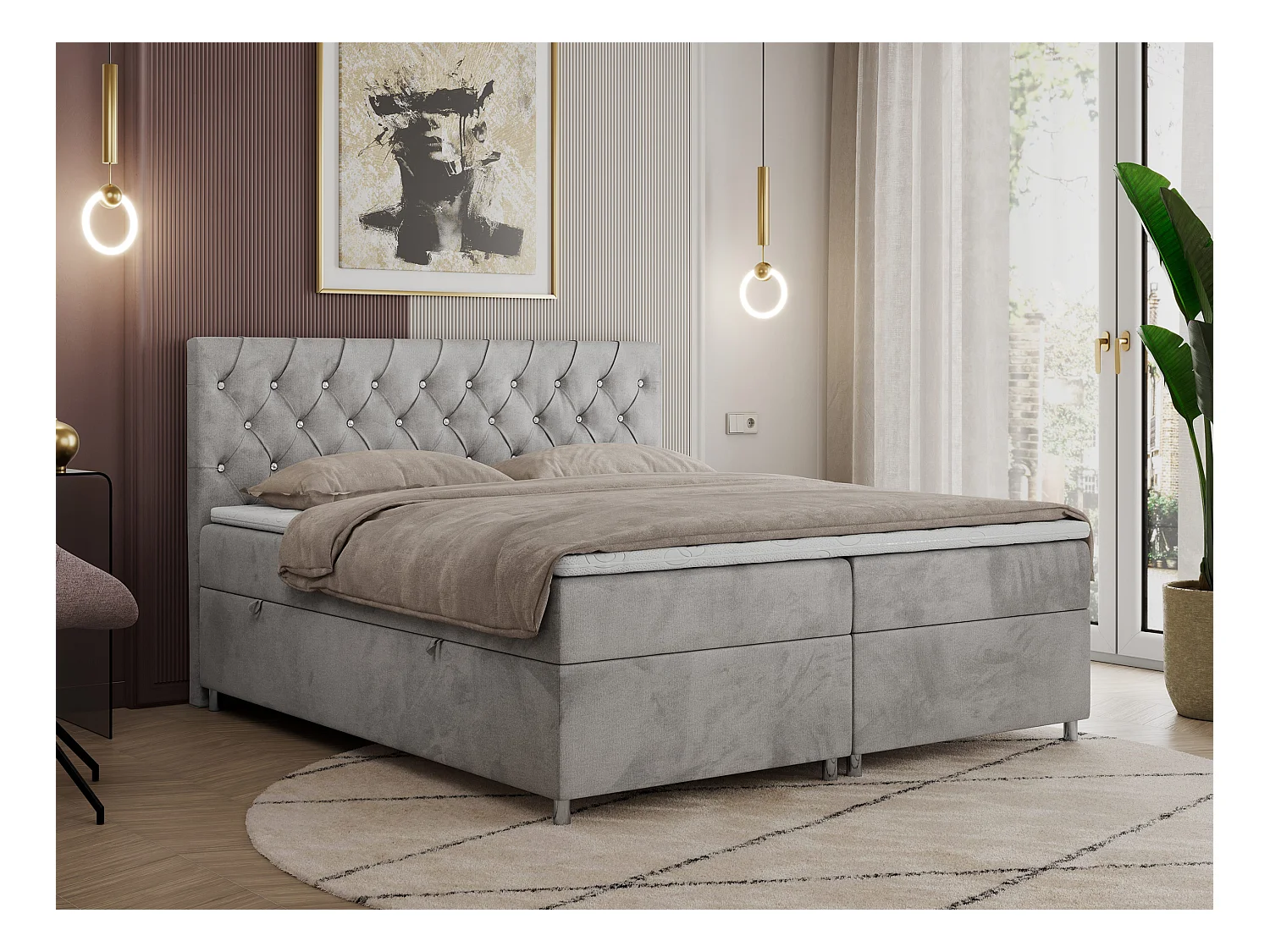 Boxspringbett ROMA mit gestepptem Kopfteil, Multipocket-Matratze, dekorative Füße - 160x200 cm - H4 - Hellgrau Velvet