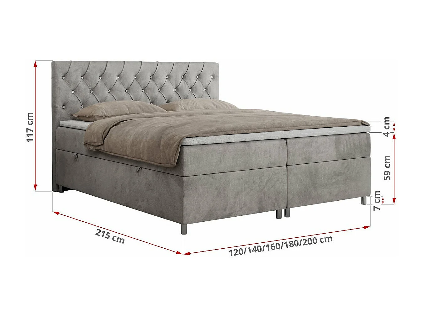 Boxspringbett ROMA mit gestepptem Kopfteil, Multipocket-Matratze, dekorative Füße - 160x200 cm - H4 - Hellgrau Velvet