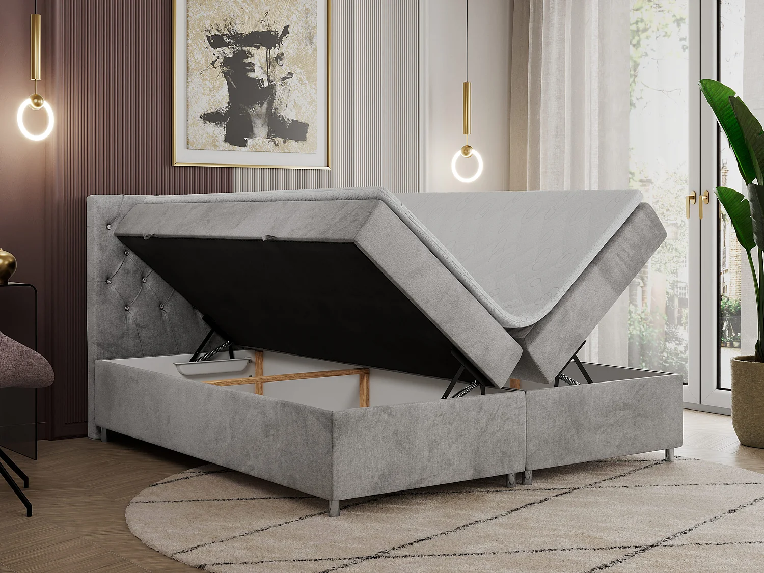Boxspringbett ROMA mit gestepptem Kopfteil, Multipocket-Matratze, dekorative Füße - 160x200 cm - H4 - Hellgrau Velvet