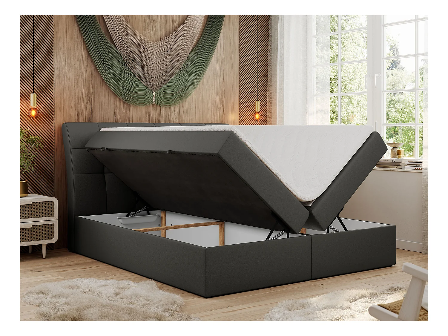 Boxspringbett DIEGOS mit Stauraum, gestepptem Kopfteil, Multipocket-Matratze - 160x200 cm - H4 - Dunkelgrau Kunstleder