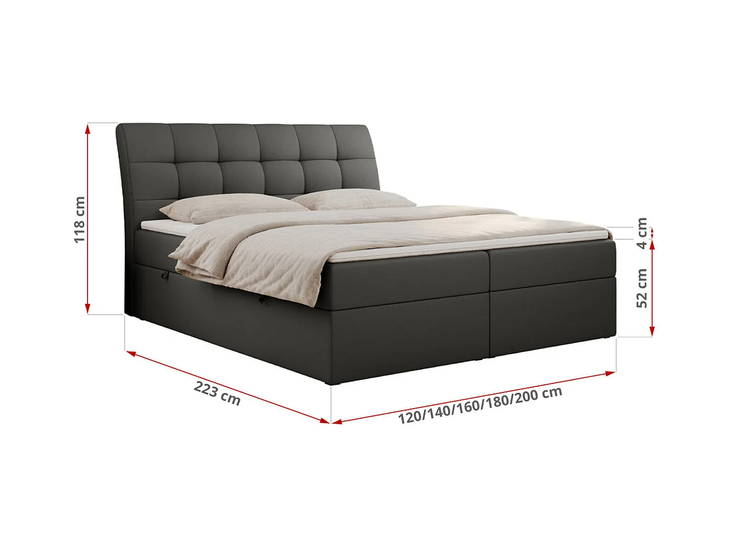 Boxspringbett DIEGOS mit Stauraum, gestepptem Kopfteil, Multipocket-Matratze - 160x200 cm - H4 - Dunkelgrau Kunstleder