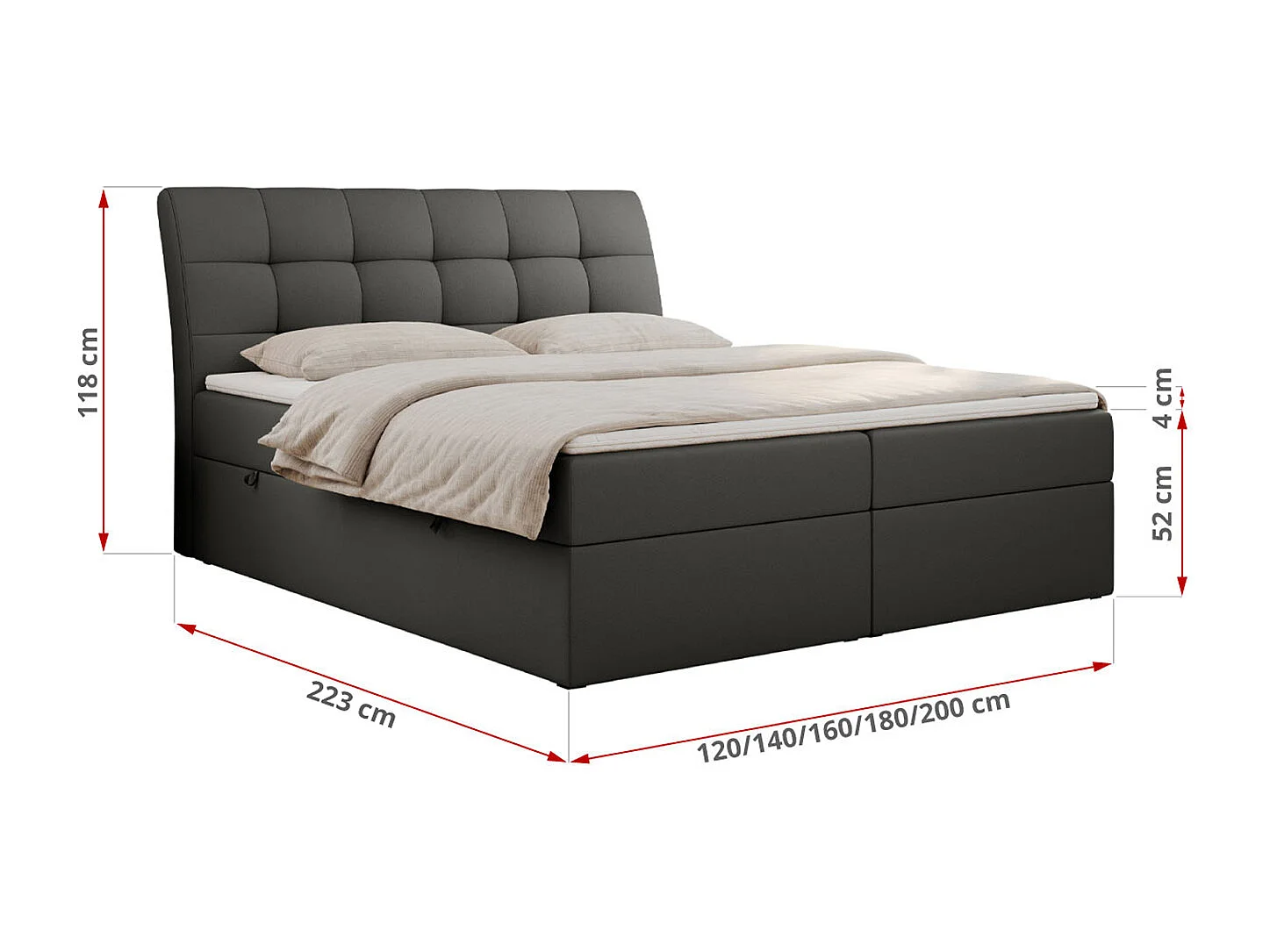 Boxspringbett DIEGOS mit Stauraum, gestepptem Kopfteil, Multipocket-Matratze - 160x200 cm - H4 - Dunkelgrau Kunstleder