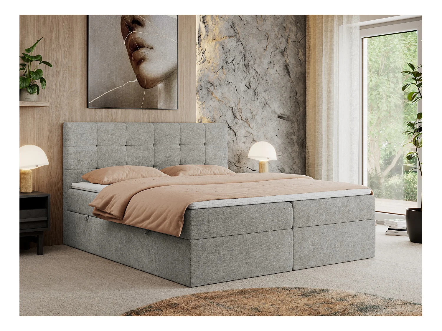 Boxspringbett CENTOS mit gestepptem Kopfteil, Multipocket-Matratze, Doppelbett mit Stauraum - 120x200 cm - H4 - Hellgrau Struktur