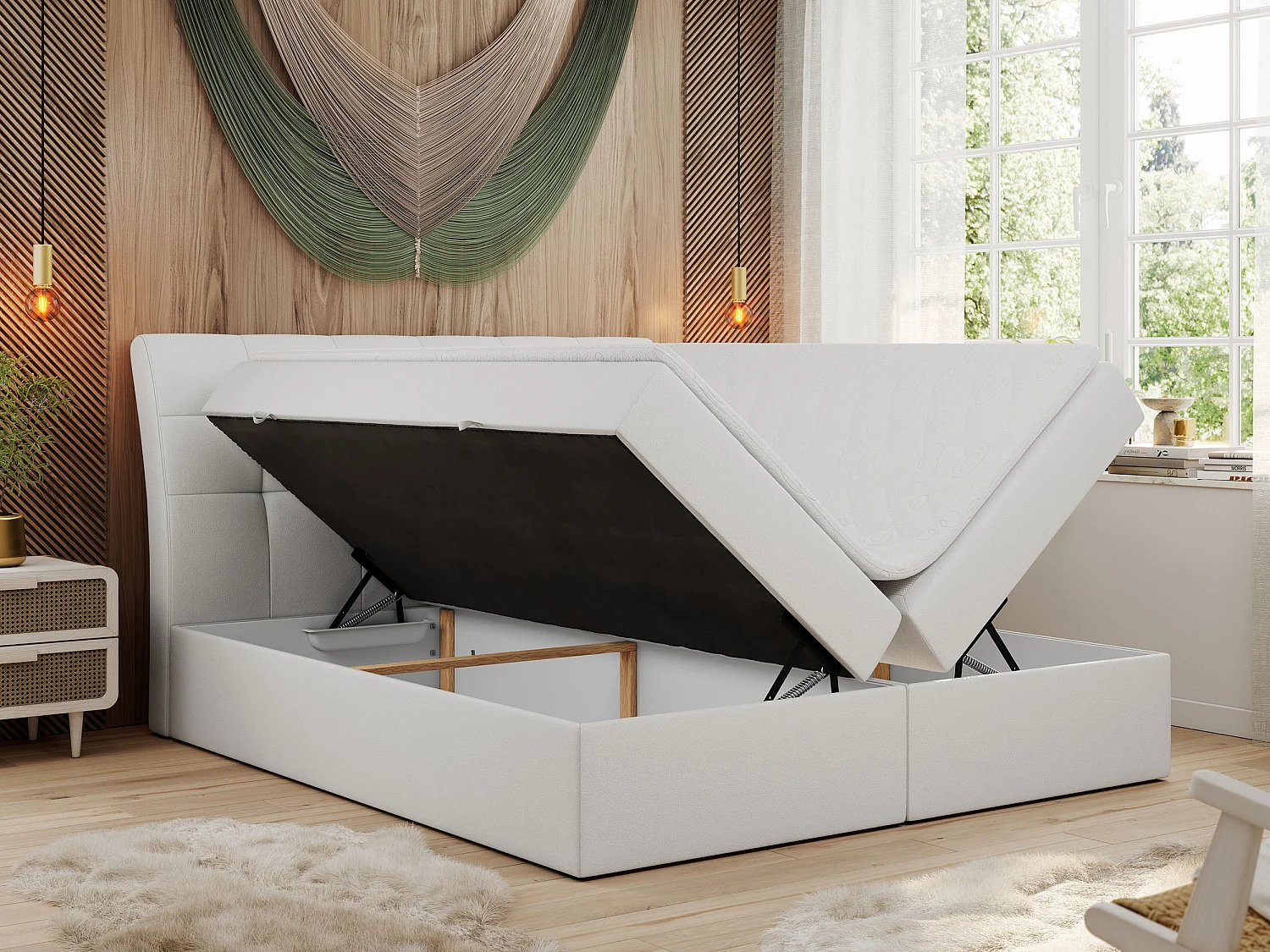 Boxspringbett DIEGOS mit Stauraum, gestepptem Kopfteil, Multipocket-Matratze - 200x200 cm - H3 - Weiß Kunstleder