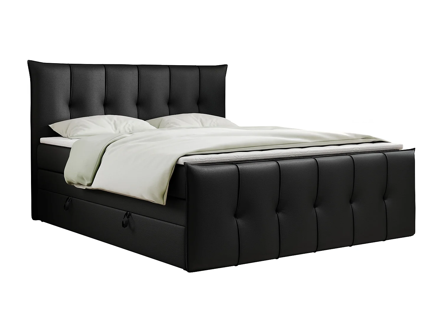 Boxspringbett PREMIUM 11 KING mit Stauraum, gestepptes Kopfteil, zwei Multipocket-Matratzen - 120x200 cm - H3 - Schwarz Kunstleder