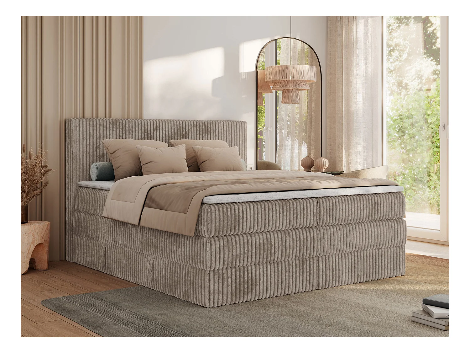 Boxspringbett TILIANO KING, Multipocket-Matratze, Cord Bett, Kopfteil und zwei Bettkästen - 140x200 cm - H4 - Hellbraun Cord