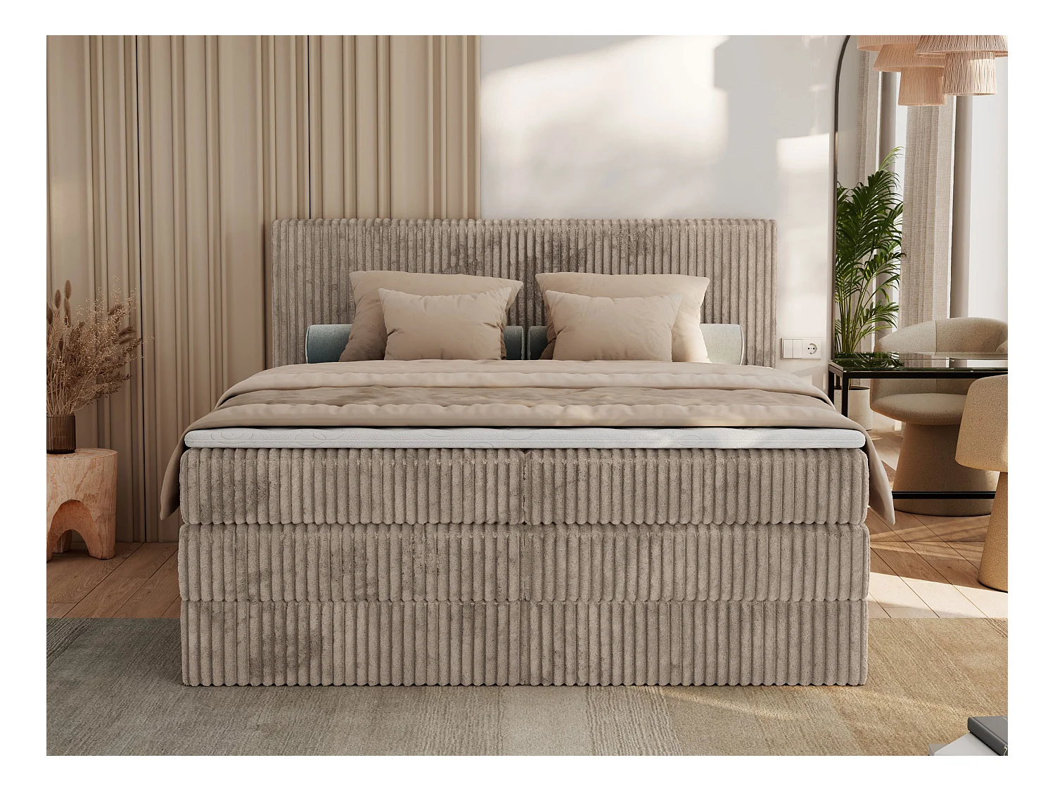 Boxspringbett TILIANO KING, Multipocket-Matratze, Cord Bett, Kopfteil und zwei Bettkästen - 140x200 cm - H4 - Hellbraun Cord