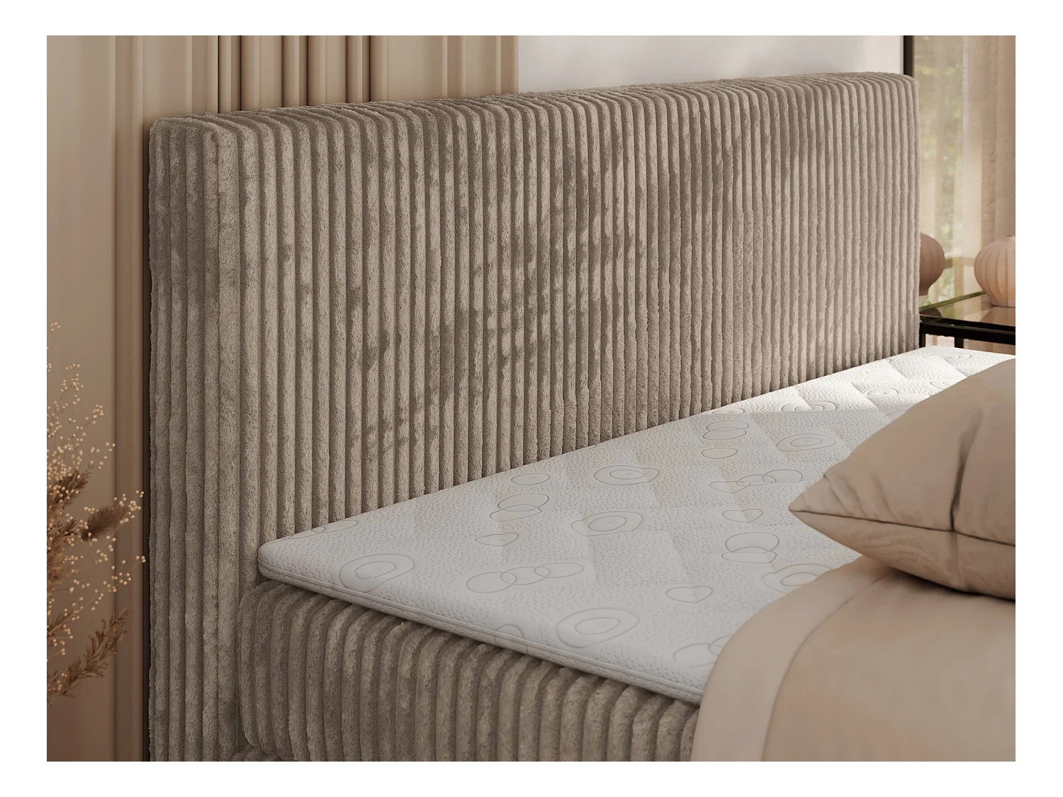 Boxspringbett TILIANO KING, Multipocket-Matratze, Cord Bett, Kopfteil und zwei Bettkästen - 140x200 cm - H4 - Hellbraun Cord