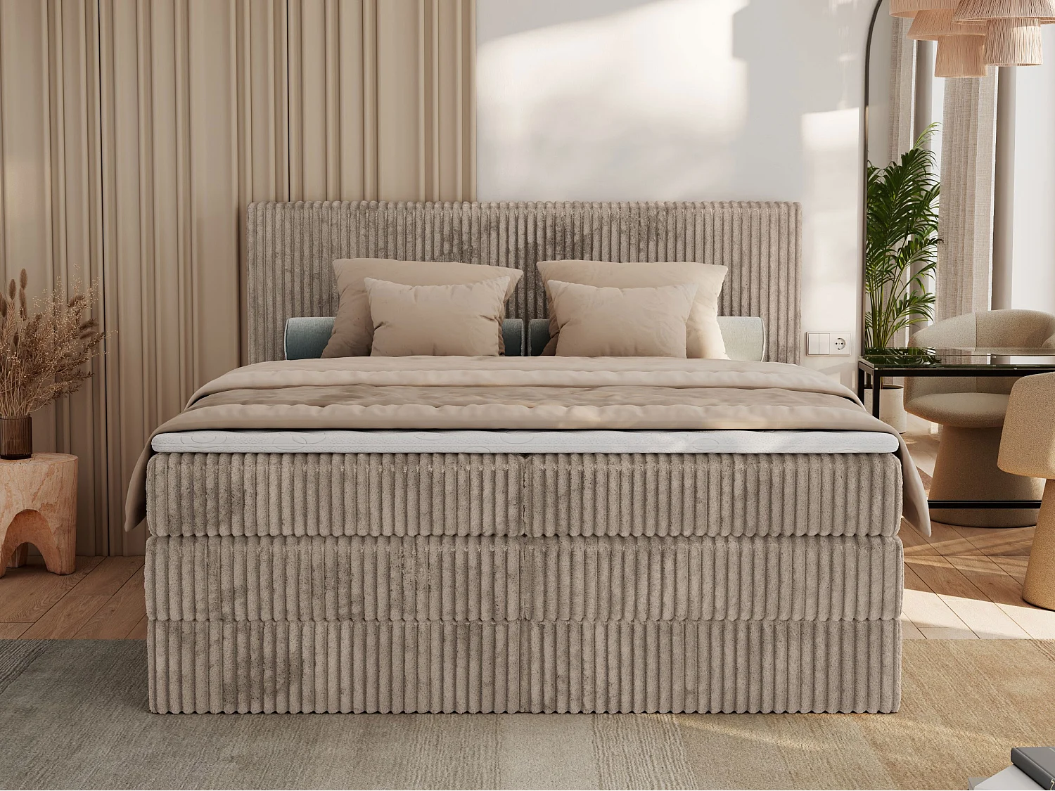Boxspringbett TILIANO KING, Multipocket-Matratze, Cord Bett, Kopfteil und zwei Bettkästen - 140x200 cm - H4 - Hellbraun Cord