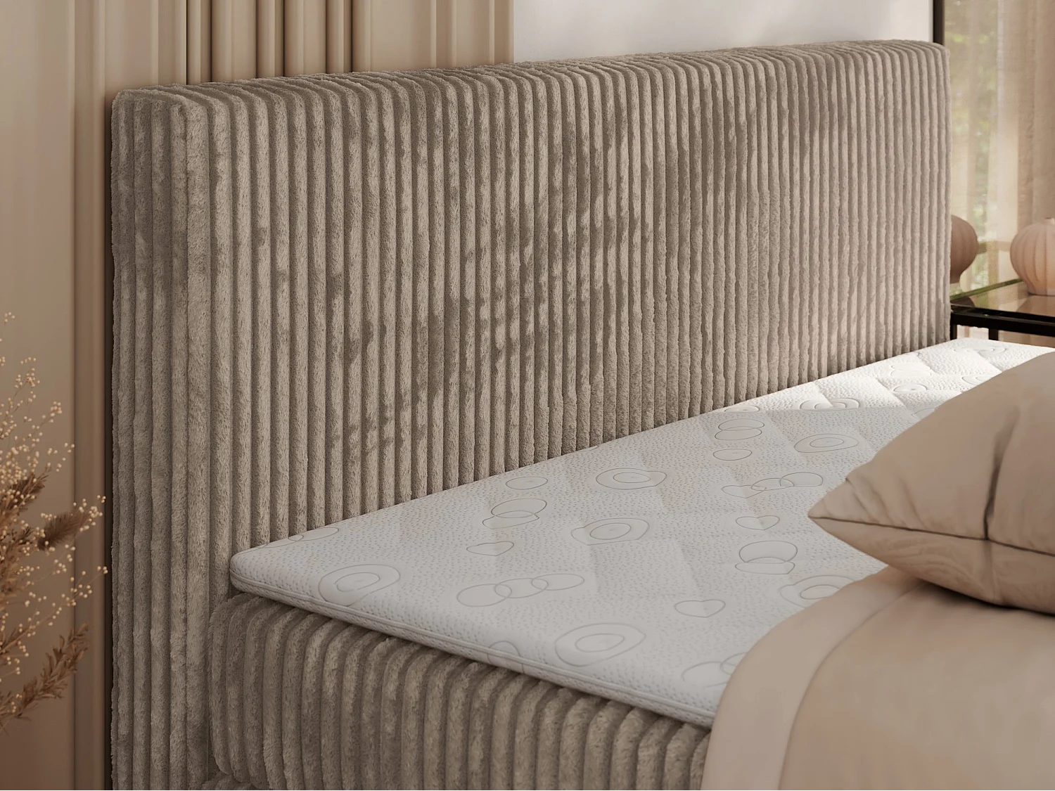 Boxspringbett TILIANO KING, Multipocket-Matratze, Cord Bett, Kopfteil und zwei Bettkästen - 140x200 cm - H4 - Hellbraun Cord