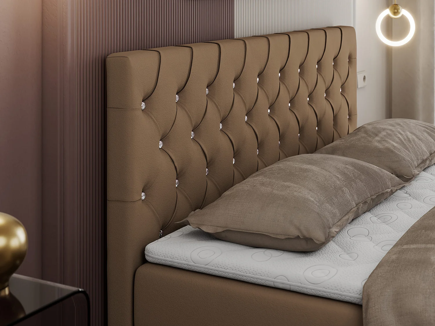 Boxspringbett ROMA mit gestepptem Kopfteil, Multipocket-Matratze, dekorative Füße - 200x200 cm - H3 - Braun Kunstleder