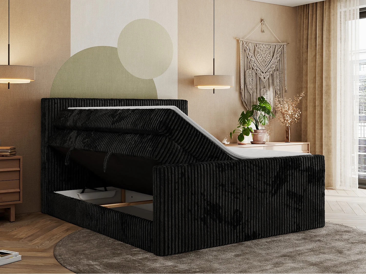 Boxspringbett TILIANO KING DUO, mit zwei Bettkästen, Cord Bett Multipocket-Matratze - 200x200 cm - H4 - Schwarz Cord