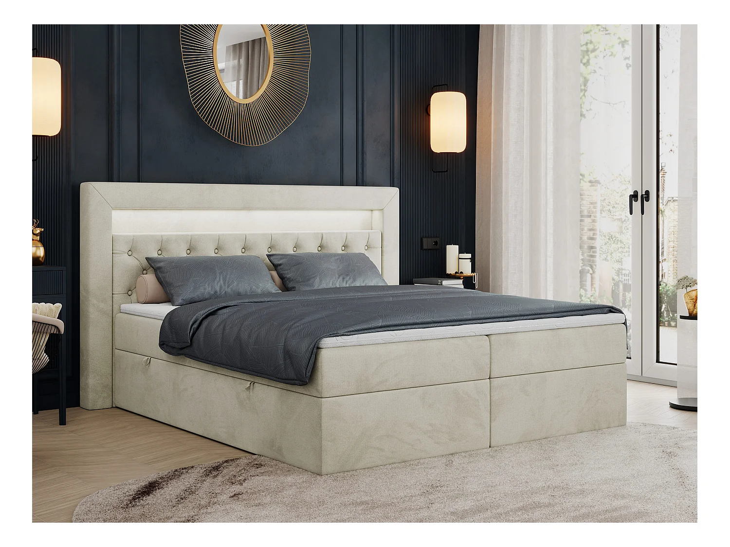 Boxspringbett GOLD 6, Doppelbett mit Stauraum, LED-Beleuchtung, gesteppte Kopfstütze - 120x200 cm - H4 - Beige Velvet