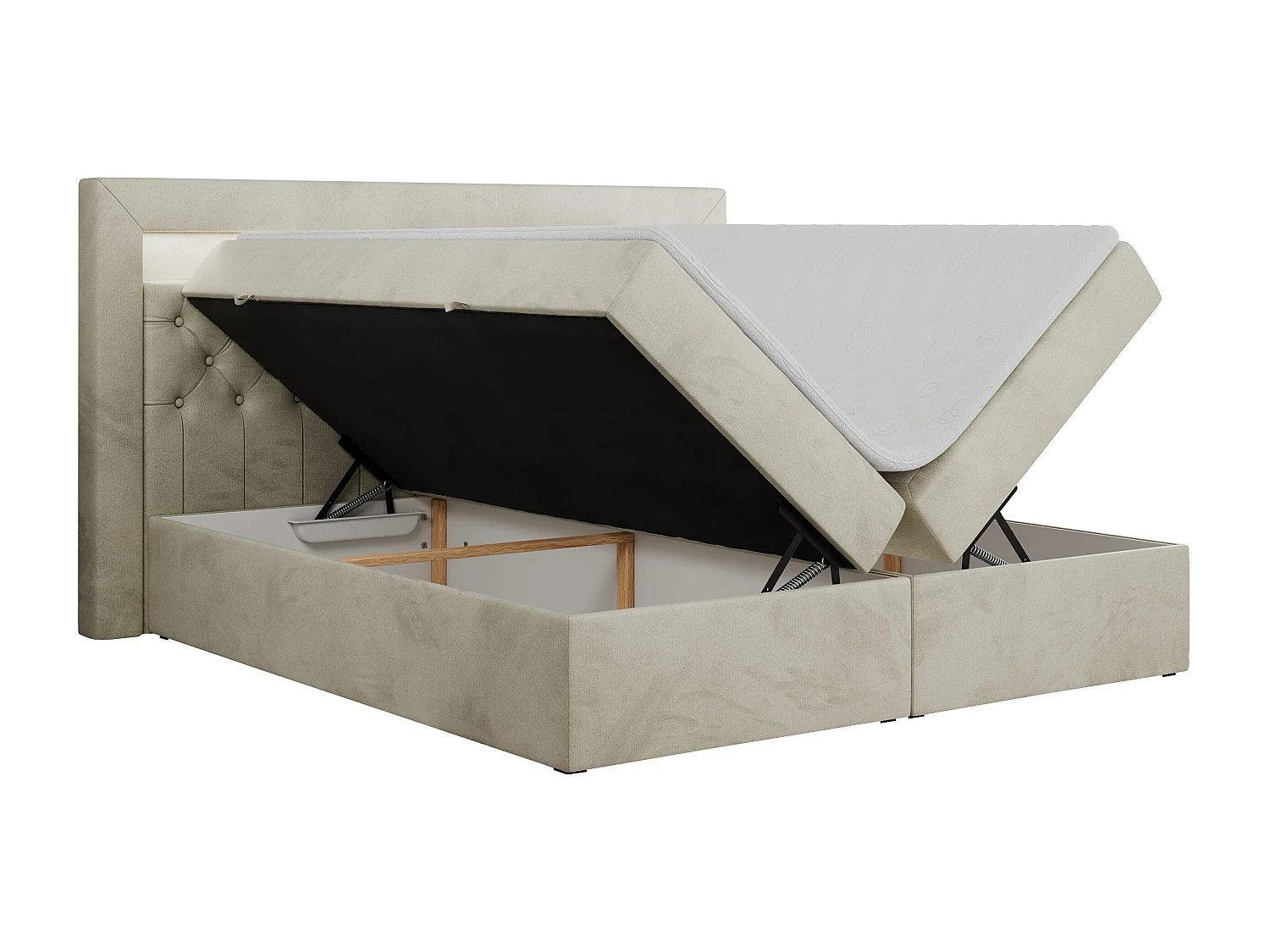 Boxspringbett GOLD 6, Doppelbett mit Stauraum, LED-Beleuchtung, gesteppte Kopfstütze - 120x200 cm - H4 - Beige Velvet