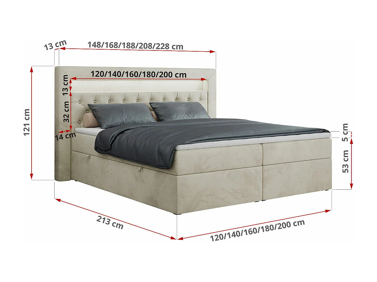 Boxspringbett GOLD 6, Doppelbett mit Stauraum, LED-Beleuchtung, gesteppte Kopfstütze - 120x200 cm - H4 - Beige Velvet