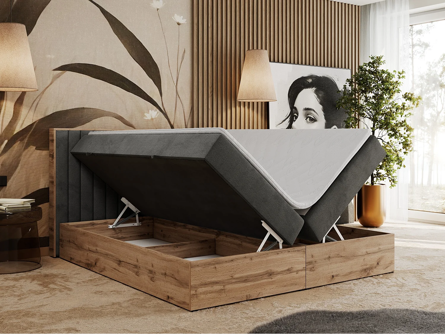 Boxspringbett ALBERO 4, Eiche Wotan Holzrahmen, mit Stauraum, genähtes Kopfteil - 120x200 cm - H3 - Dunkelgrau Velvet