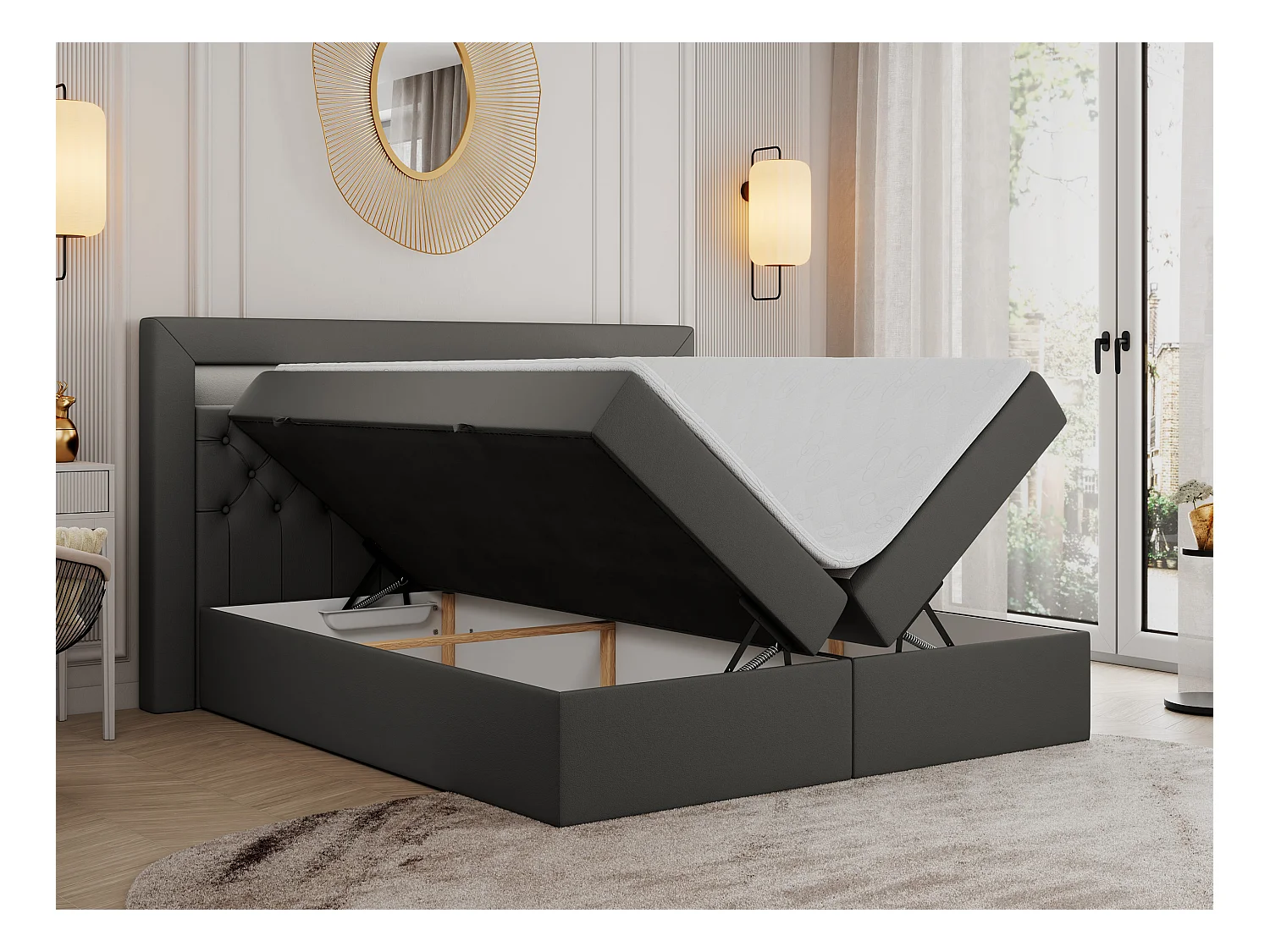 Boxspringbett GOLD 6, Doppelbett mit Stauraum, LED-Beleuchtung, gesteppte Kopfstütze - 160x200 cm - H3 - Dunkelgrau Kunstleder