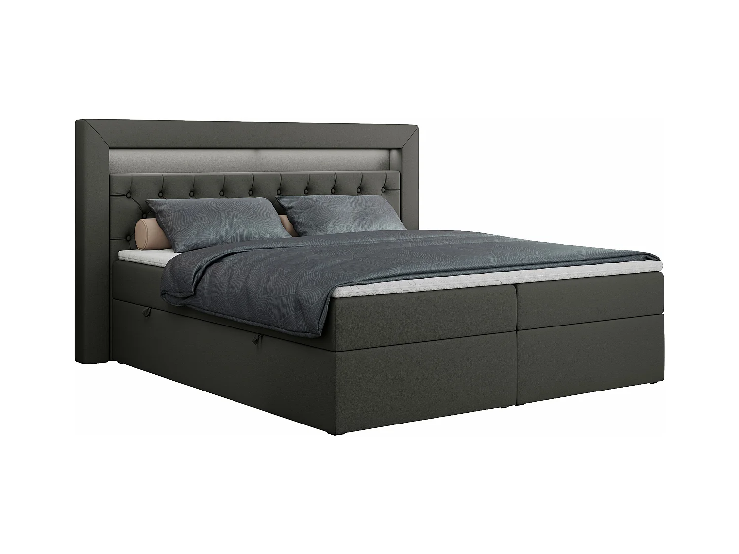 Boxspringbett GOLD 6, Doppelbett mit Stauraum, LED-Beleuchtung, gesteppte Kopfstütze - 160x200 cm - H3 - Dunkelgrau Kunstleder