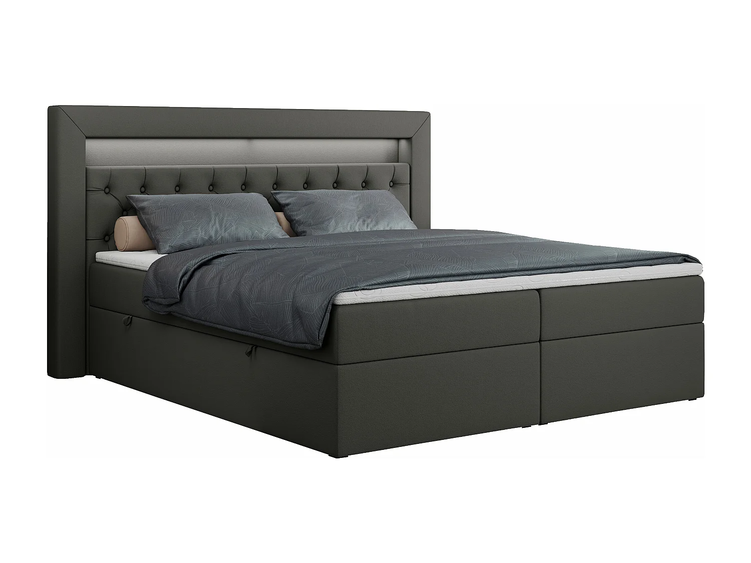 Boxspringbett GOLD 6, Doppelbett mit Stauraum, LED-Beleuchtung, gesteppte Kopfstütze - 160x200 cm - H3 - Dunkelgrau Kunstleder