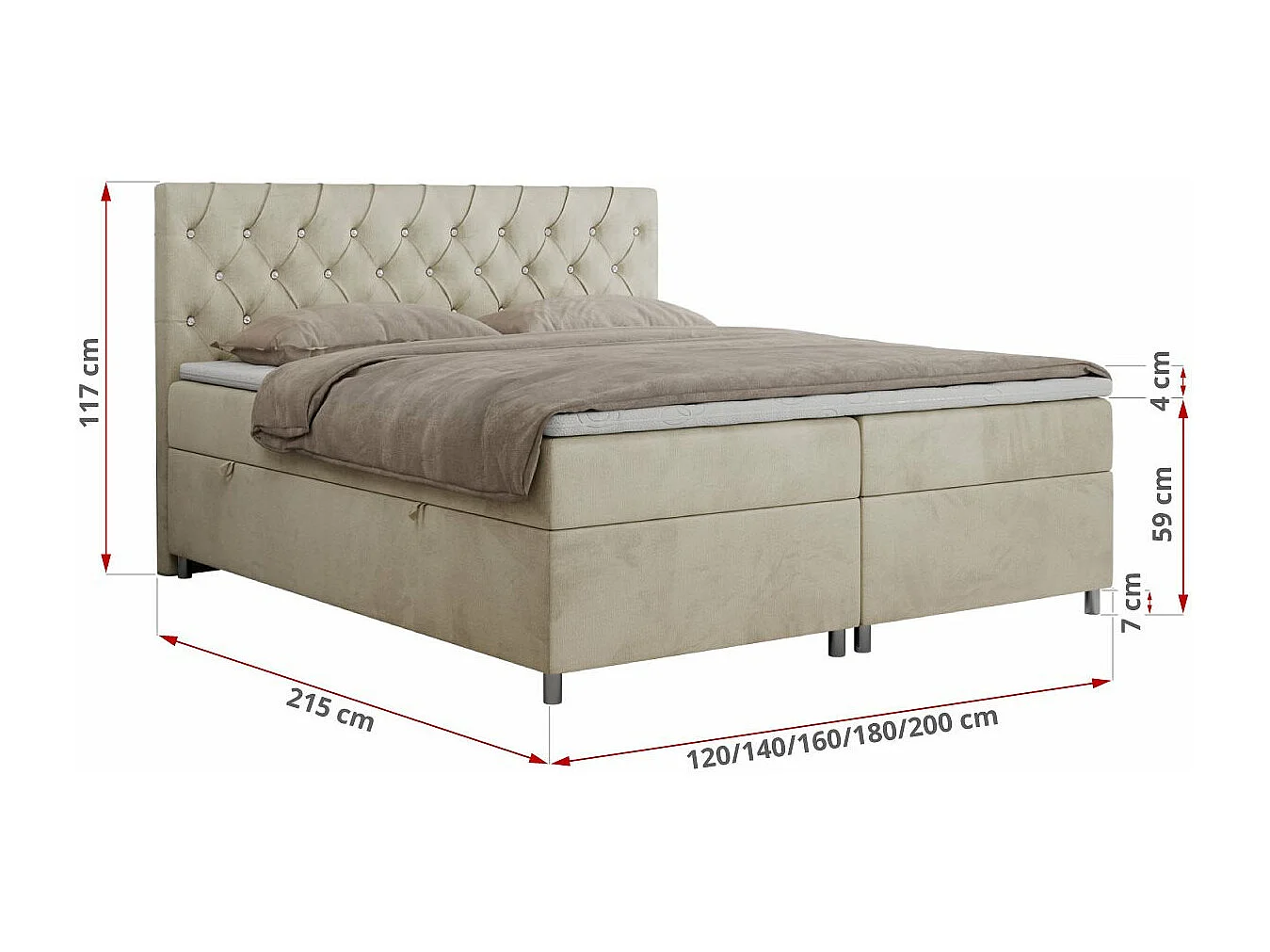 Boxspringbett ROMA mit gestepptem Kopfteil, Multipocket-Matratze, dekorative Füße - 140x200 cm - H3 - Beige Velvet