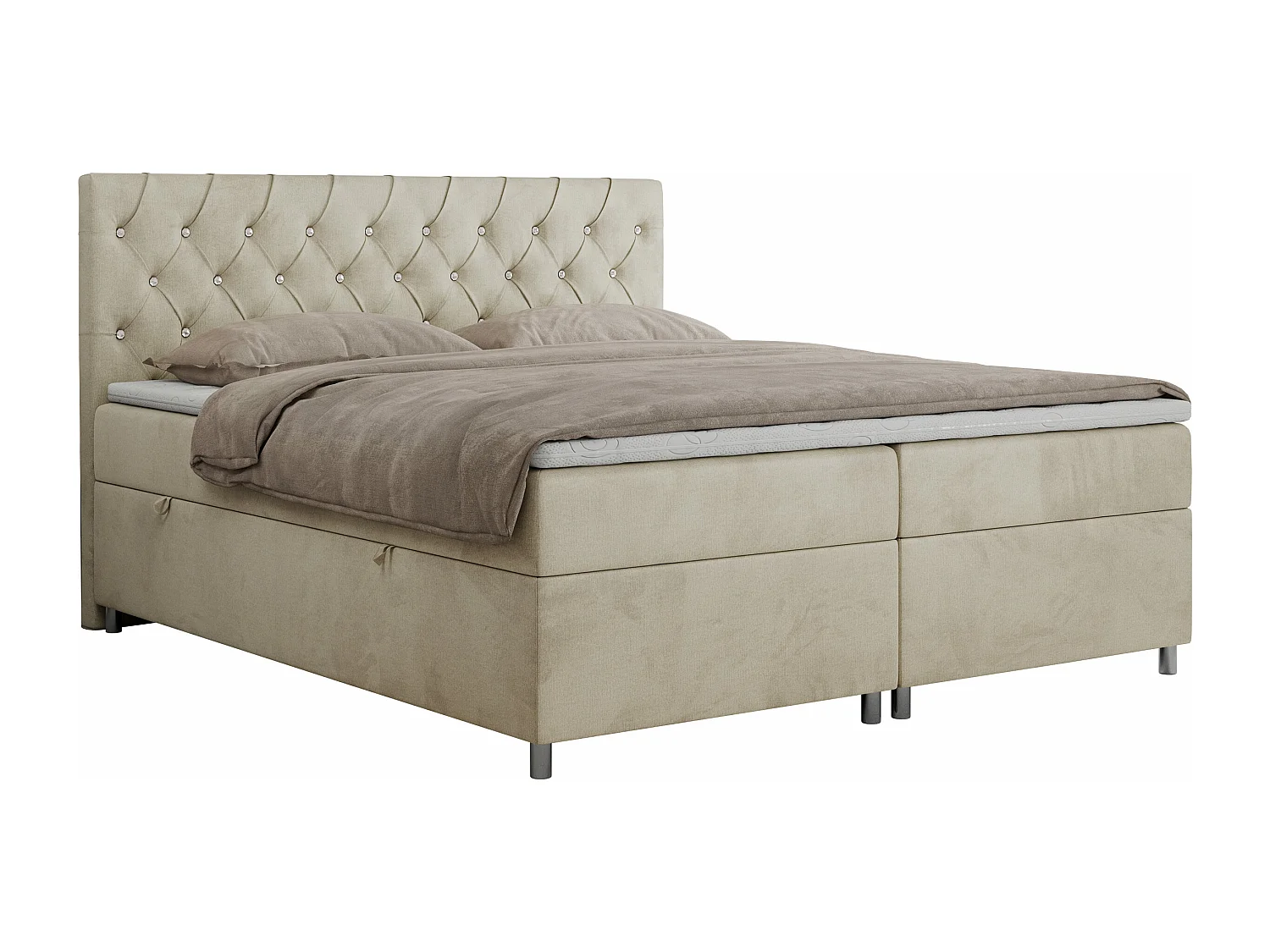 Boxspringbett ROMA mit gestepptem Kopfteil, Multipocket-Matratze, dekorative Füße - 140x200 cm - H3 - Beige Velvet