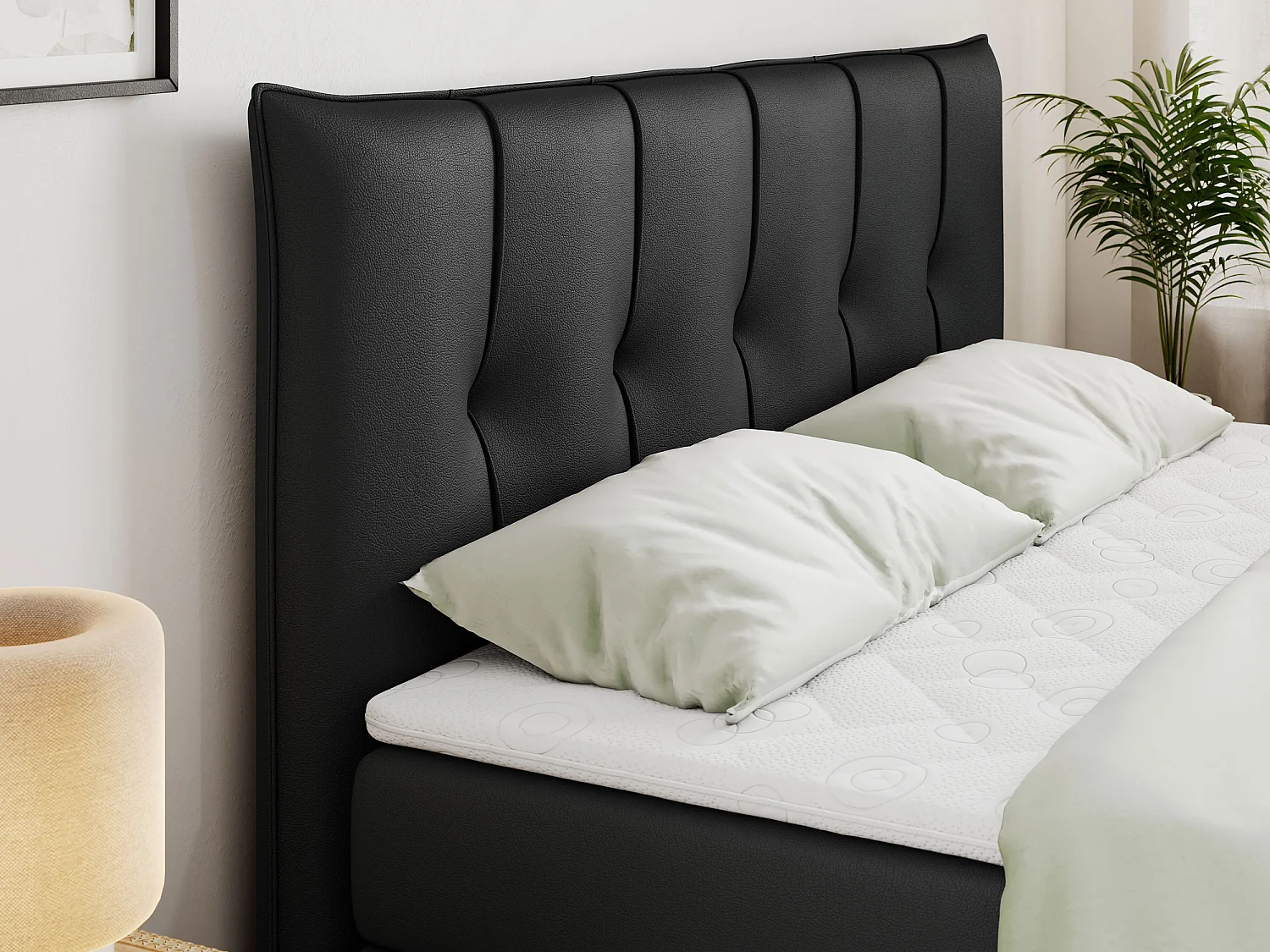 Boxspringbett PREMIUM 11 KING mit Stauraum, gestepptes Kopfteil, zwei Multipocket-Matratzen - 180x200 cm - H3 - Schwarz Kunstleder