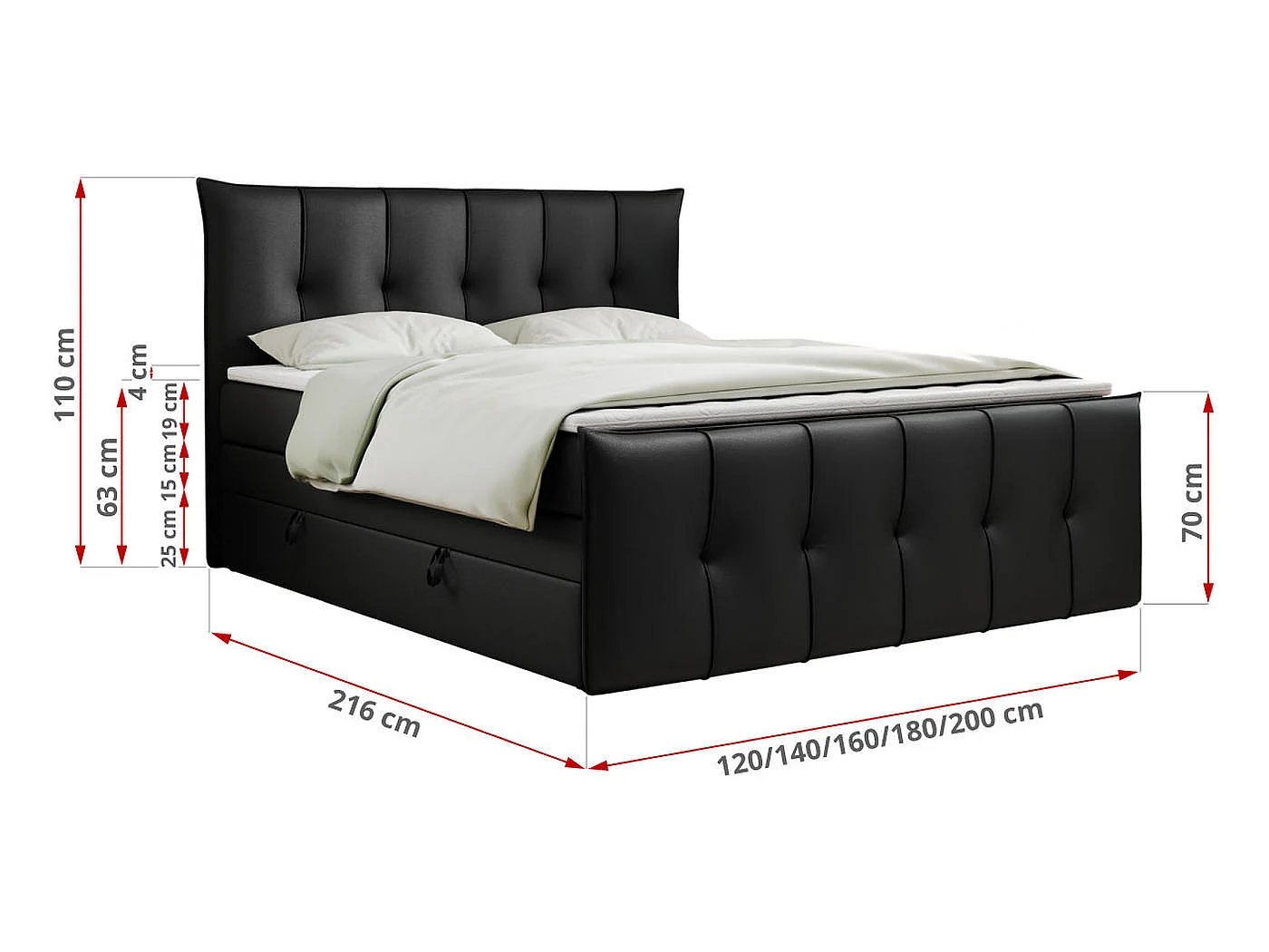 Lit boxspring avec 2 coffres - 2 matelas mi-fermes + surmatelas mousse - Noir Similicuir - 180x200 - PREMIUM 11 KING