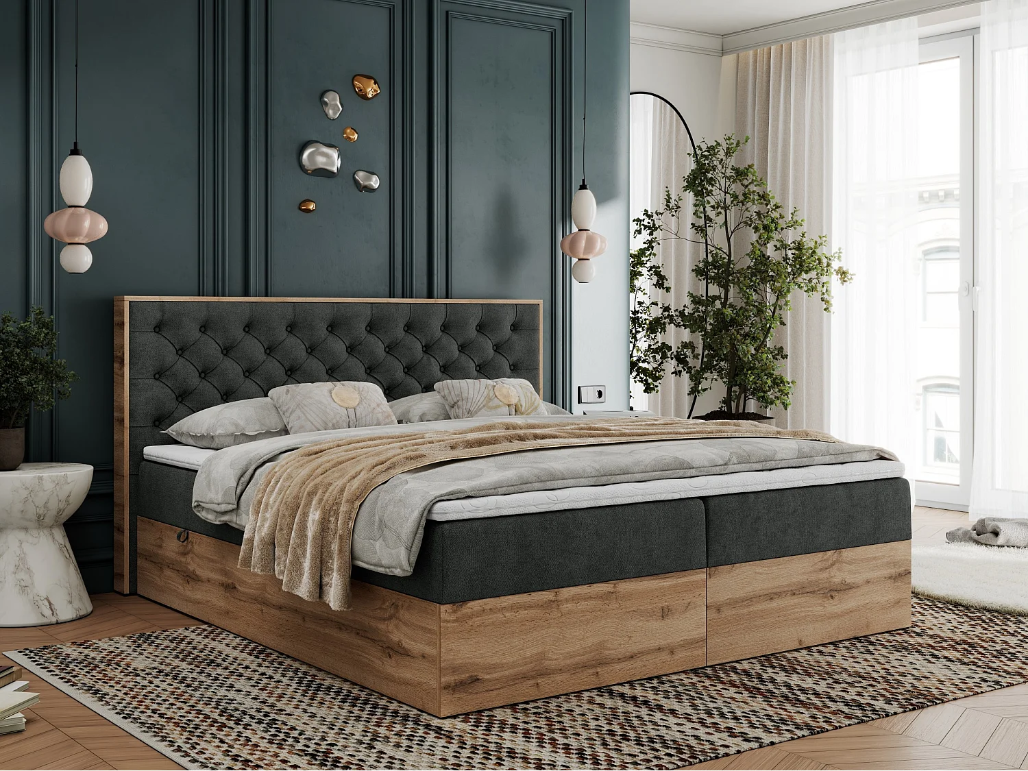 Boxspringbett ALBERO 3 - gesteppte Kopfstütze, Eiche Wotan Holzrahmen, Stauraum - 140x200 cm - H4 - Dunkelgrau Strukture