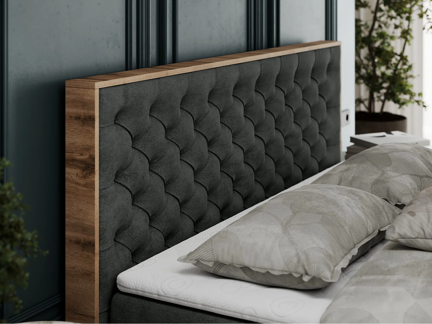 Boxspringbett ALBERO 3 - gesteppte Kopfstütze, Eiche Wotan Holzrahmen, Stauraum - 140x200 cm - H4 - Dunkelgrau Strukture