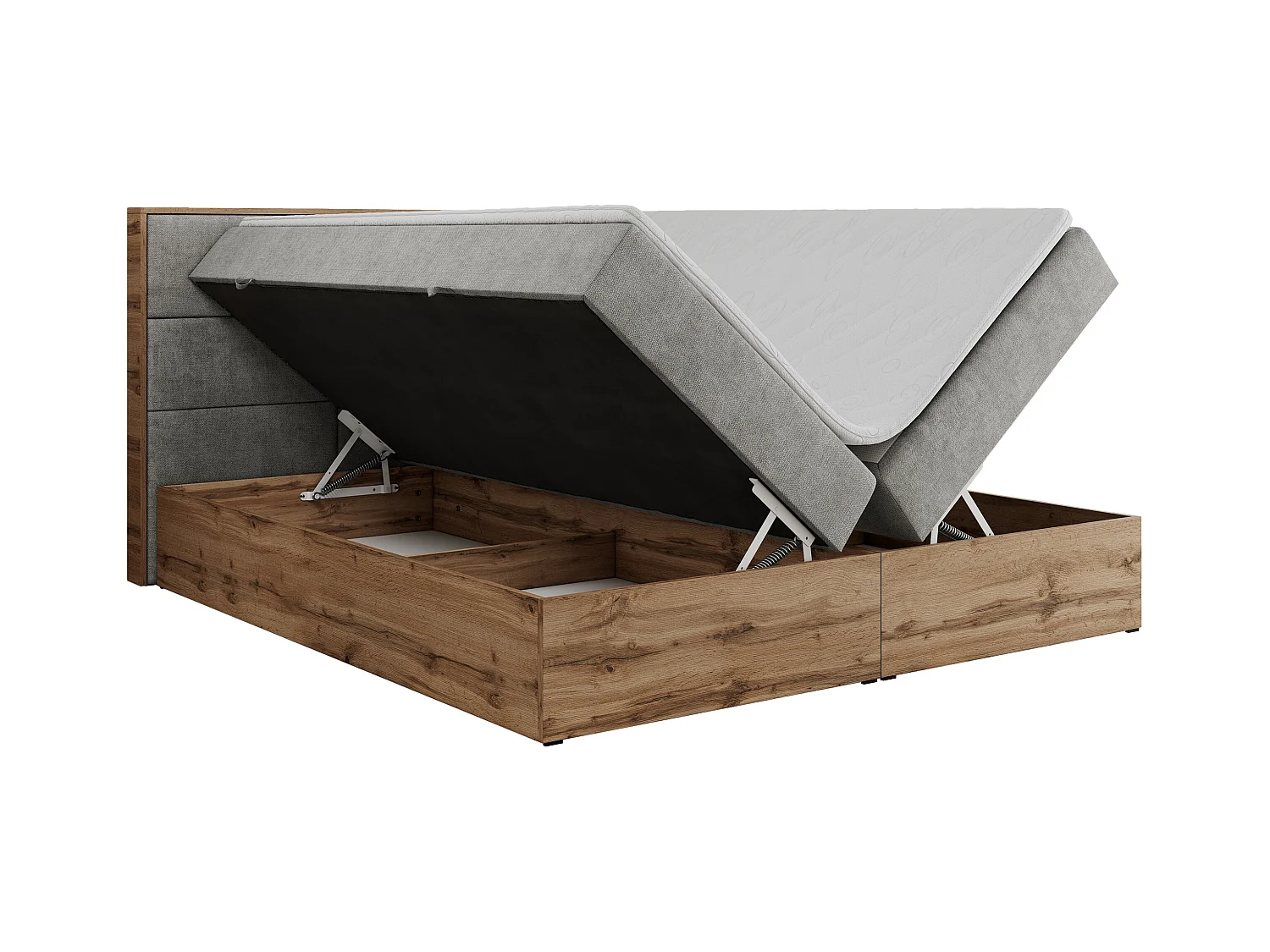 Boxspringbett ALBERO 2 mit Topper und Multipocket-Matratze, Stauraum, Holzrahmen - 200x200 cm - H4 - Hellgrau Strukture