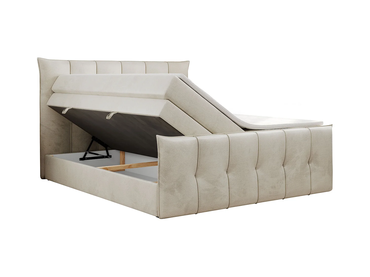 Boxspringbett PREMIUM 11 KING mit Stauraum, gestepptes Kopfteil, zwei Multipocket-Matratzen - 180x200 cm - H4 - Beige Velvet