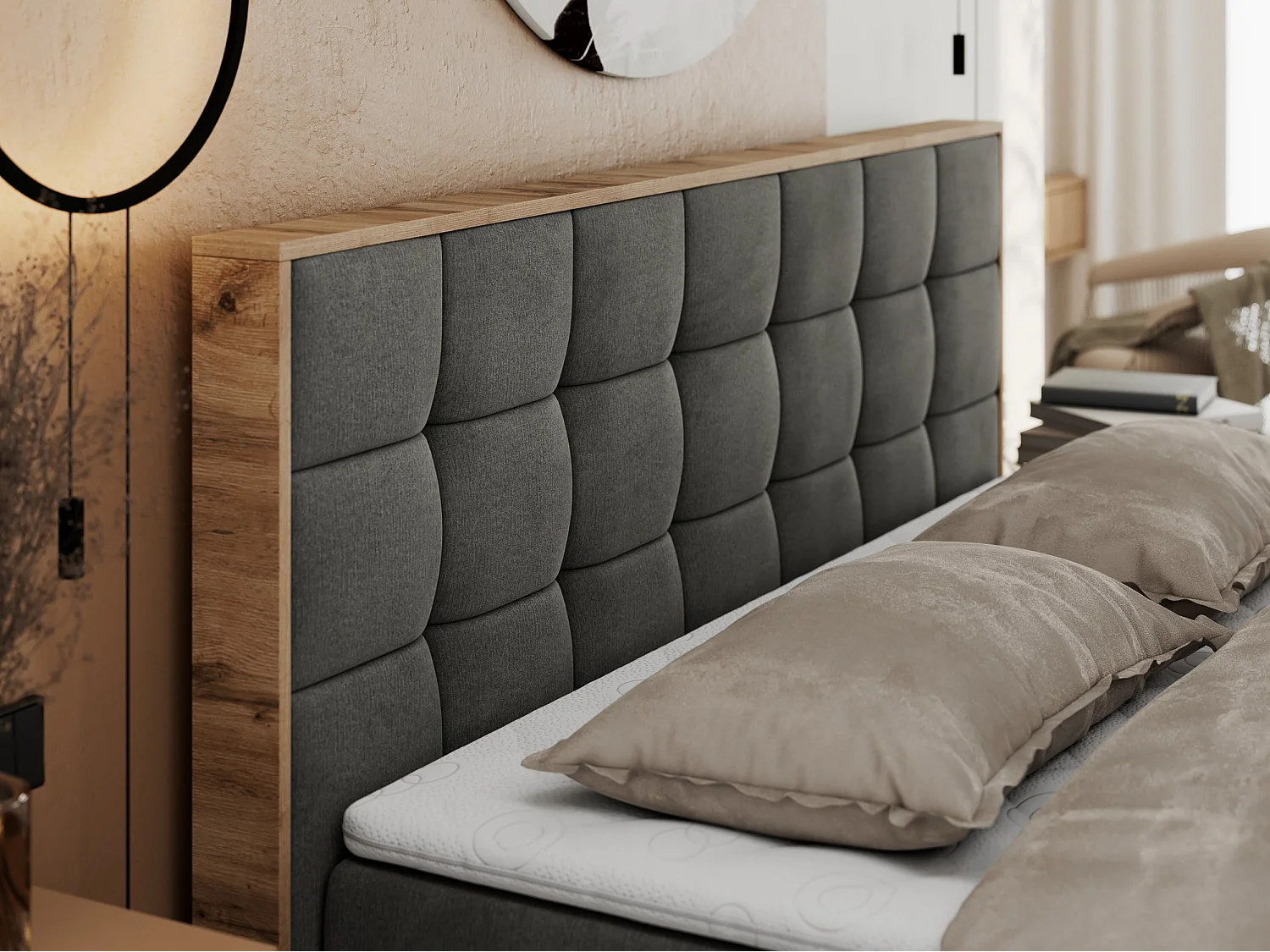 Boxspringbett ALBERO 1, Polsterbett mit gestepptem Kopfteil, Multipocket-Matratze - 140x200 cm - H4 - Dunkelgrau Velvet