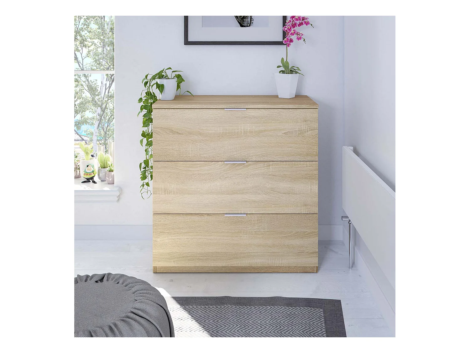 Cómoda de noche Santi 3 cajones color roble, 77 cm Ancho
