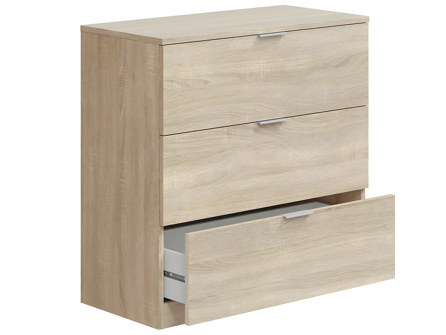 Nachtkastje Santi met 3 laden in eiken kleur, 77 cm breed.