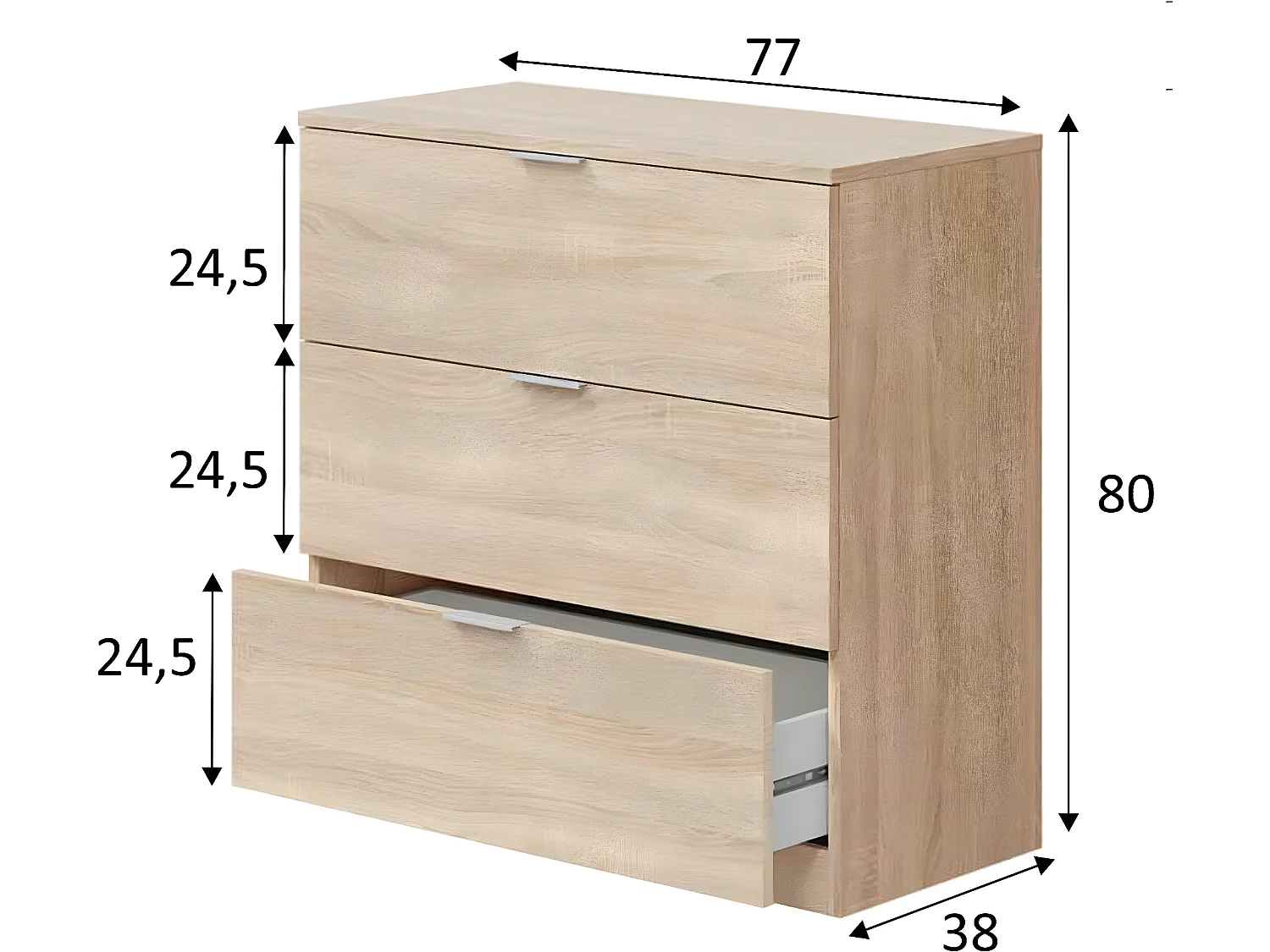 Nachtkastje Santi met 3 laden in eiken kleur, 77 cm breed.