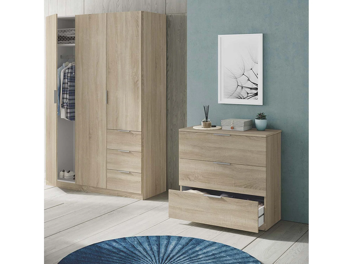 Nachtkastje Santi met 3 laden in eiken kleur, 77 cm breed.