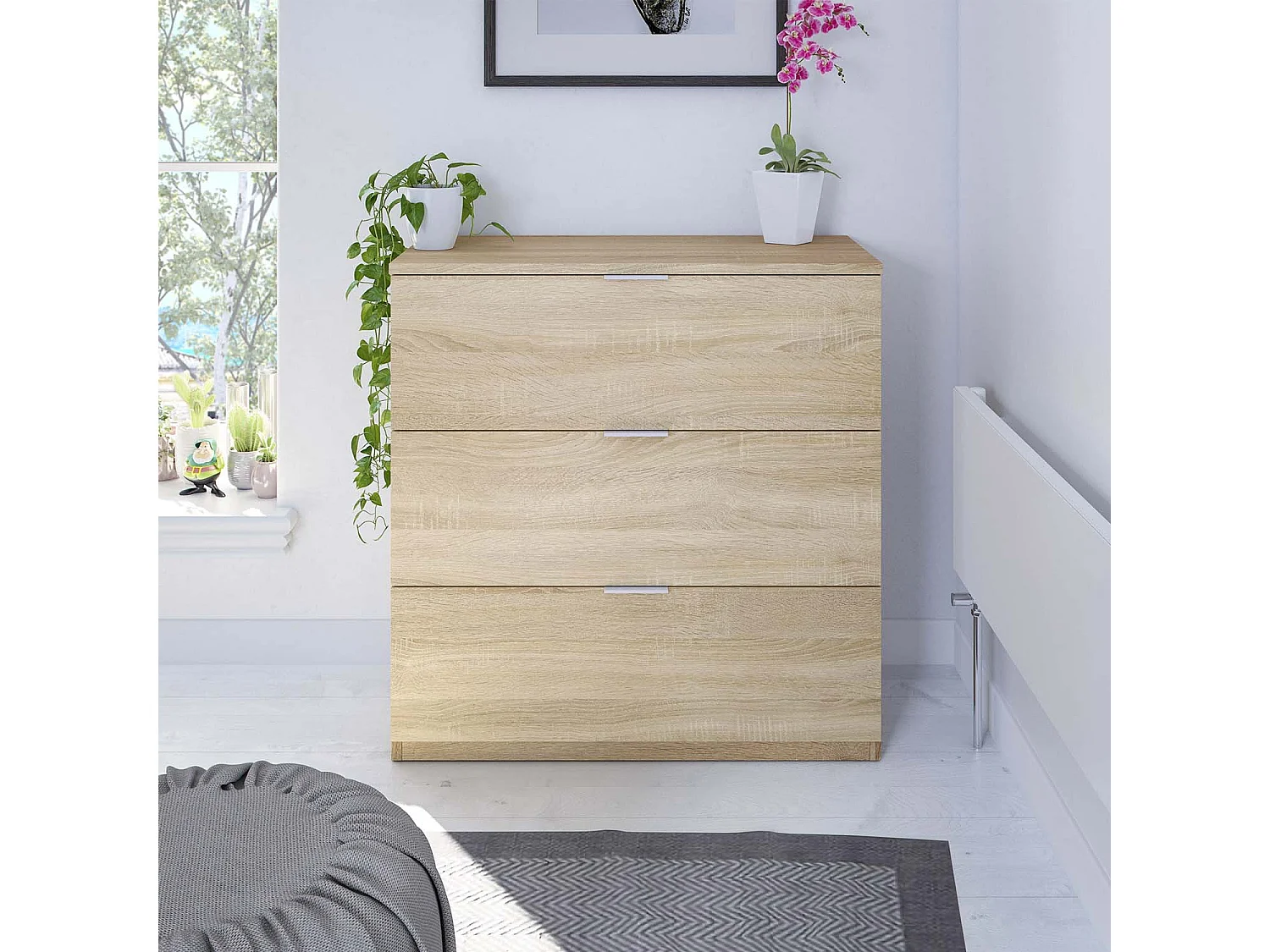 Nachtkastje Santi met 3 laden in eiken kleur, 77 cm breed.